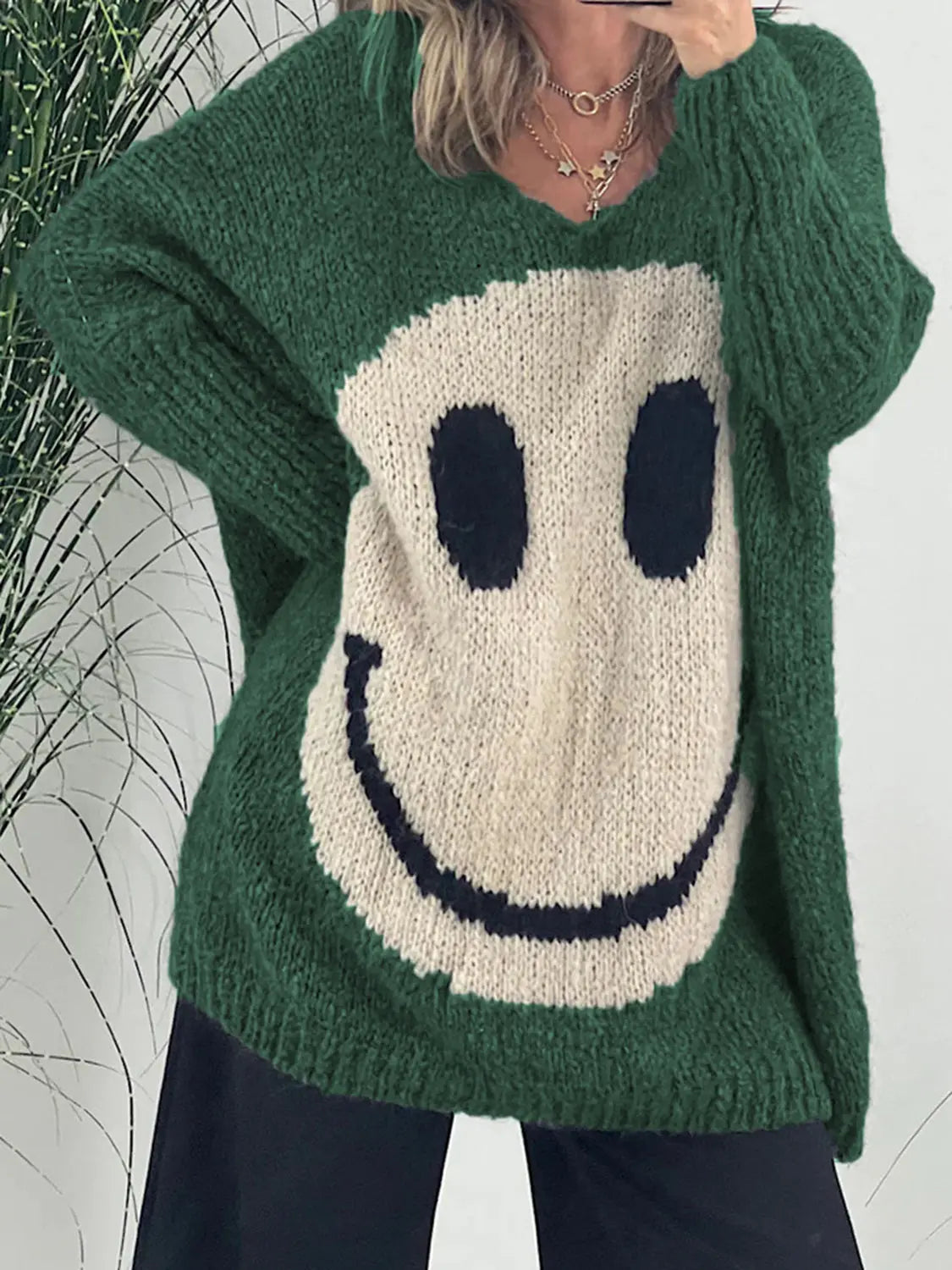 Smiling Face V-Neck Long Sleeve Sweater GlossiChic Collection