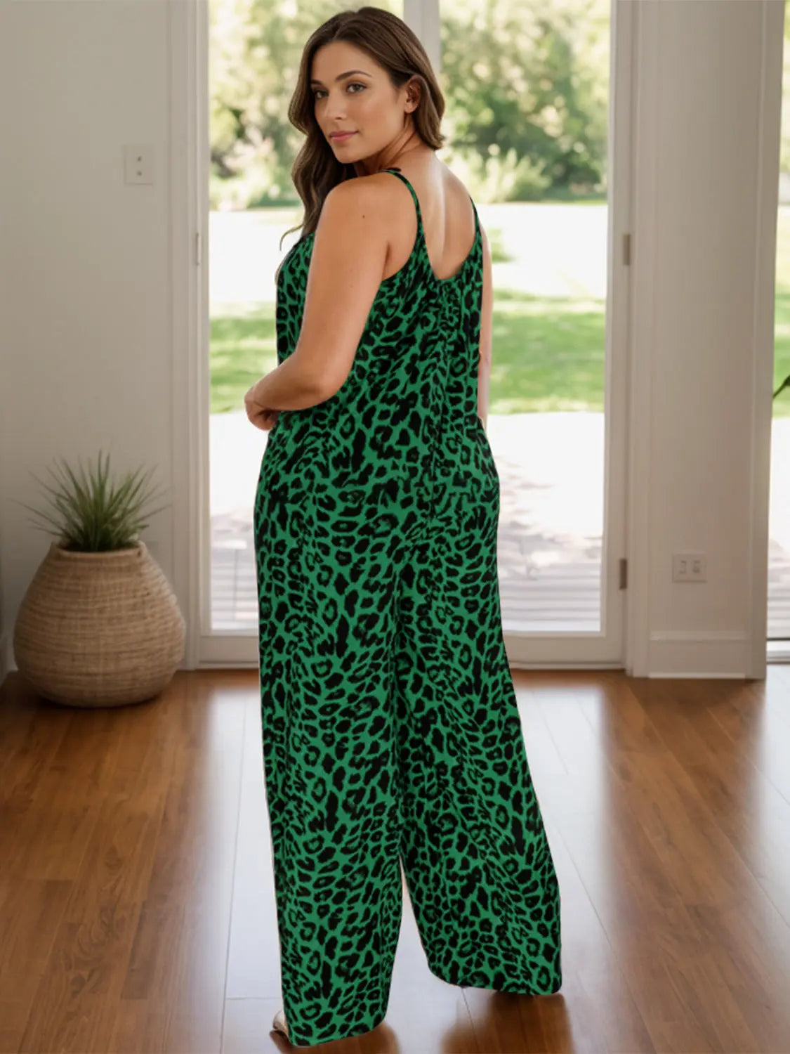 Full Size Leopard Scoop Neck Wide Leg Jumpsuit Trendsi