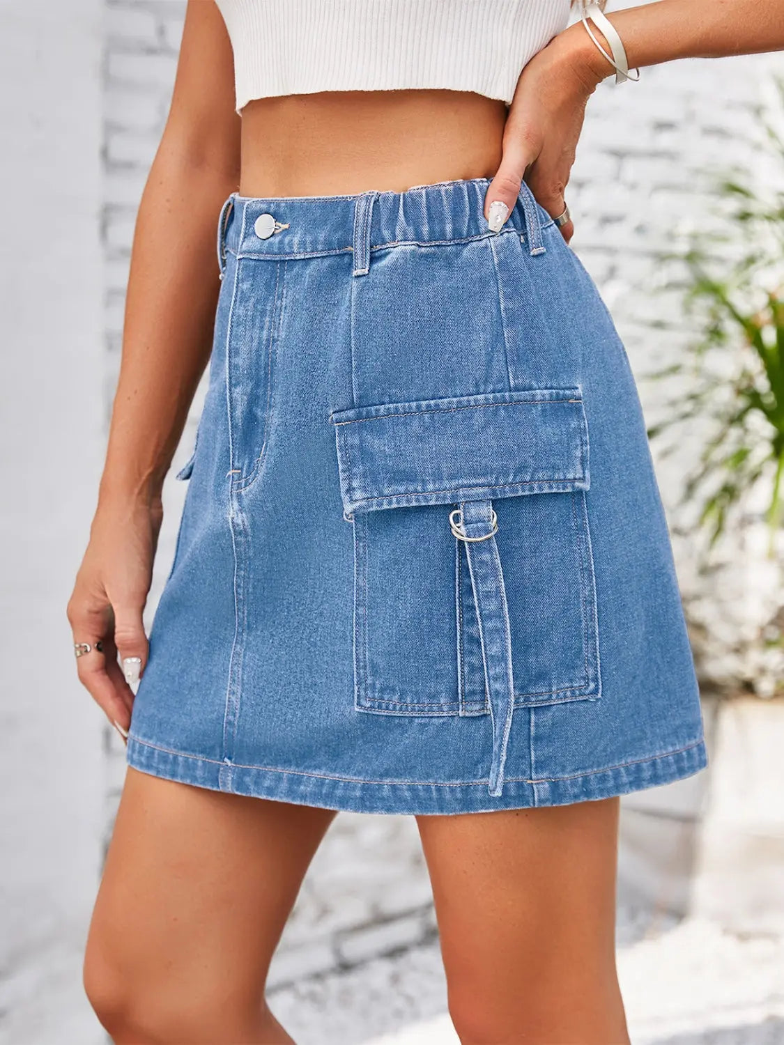 Pocketed Buttoned Denim Skirt Trendsi