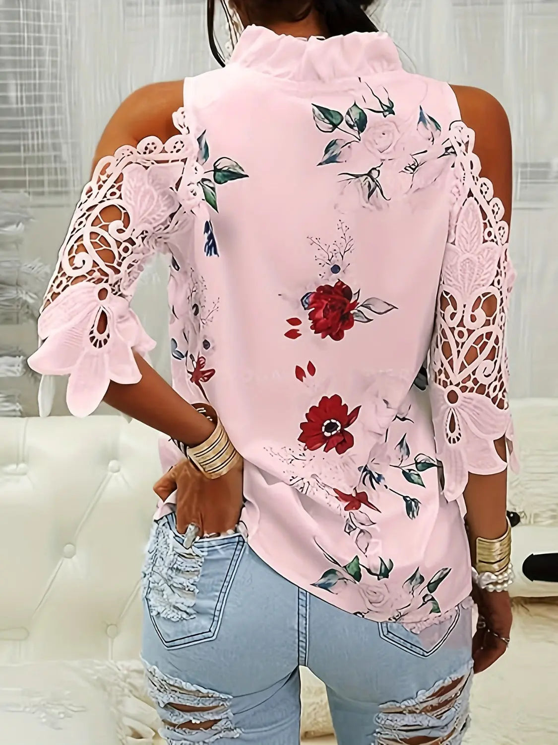 Full Size Lace Printed Half Sleeve Blouse - GlossiChic Collection White / S GlossiChic Collection Shirts & Tops