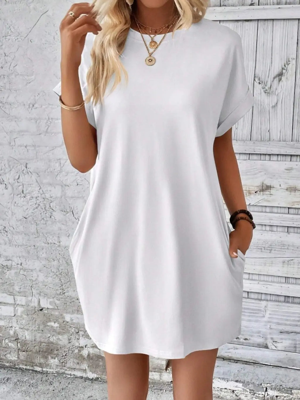 Pocketed Round Neck Short Sleeve Dress - GlossiChic Collection White / S GlossiChic Collection Dresses