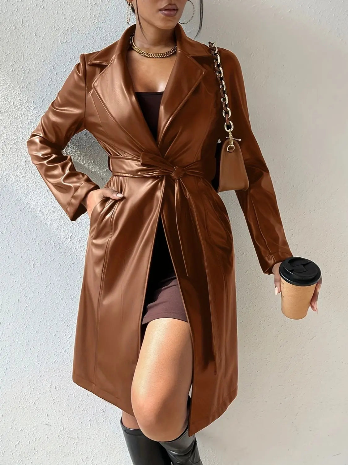 Tied PU Leather Long Sleeve Trench Coat GlossiChic Collection