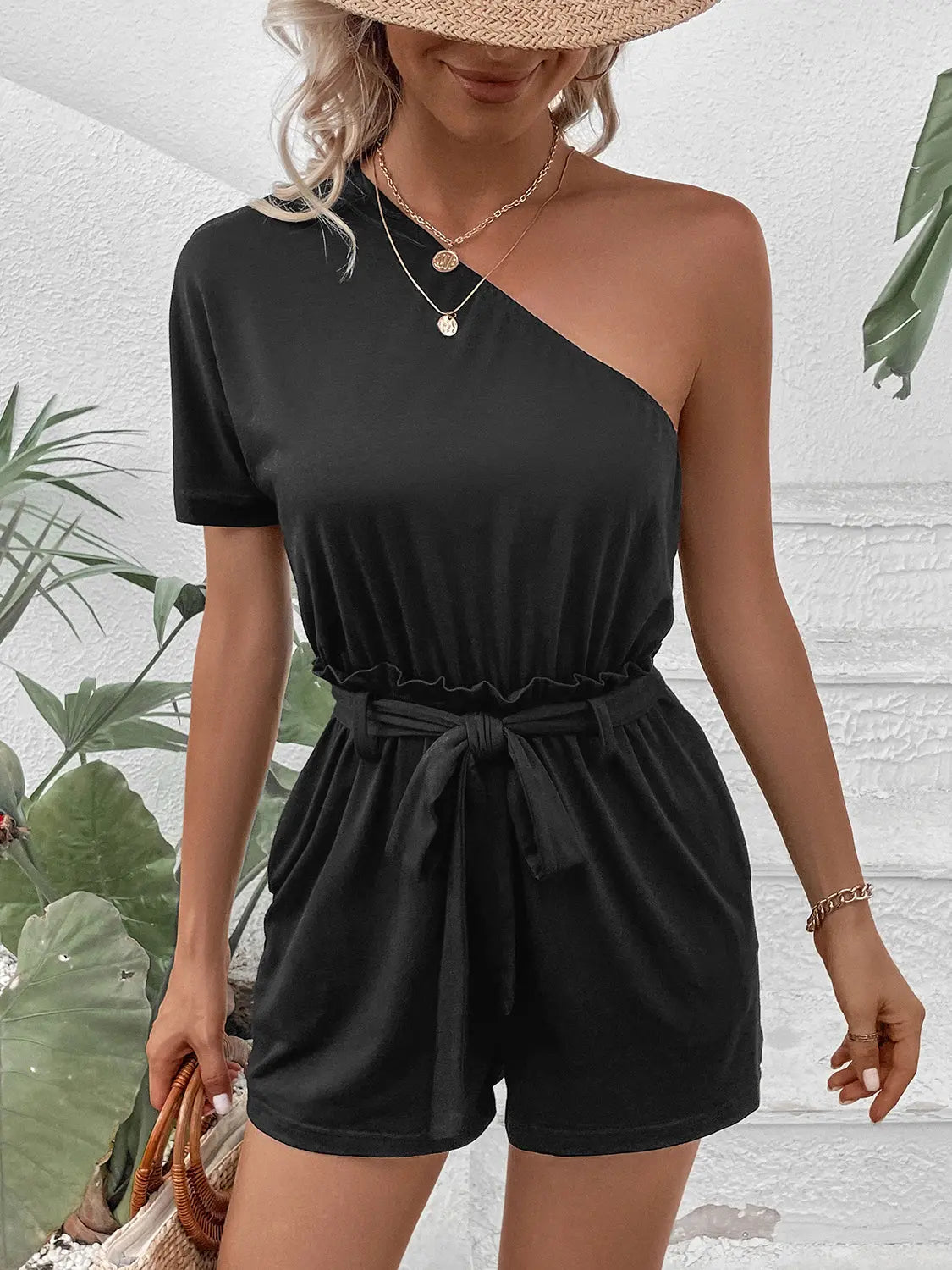 Single Shoulder Tie Waist Romper - GlossiChic Collection Black / S GlossiChic Collection Jumpers & Rompers
