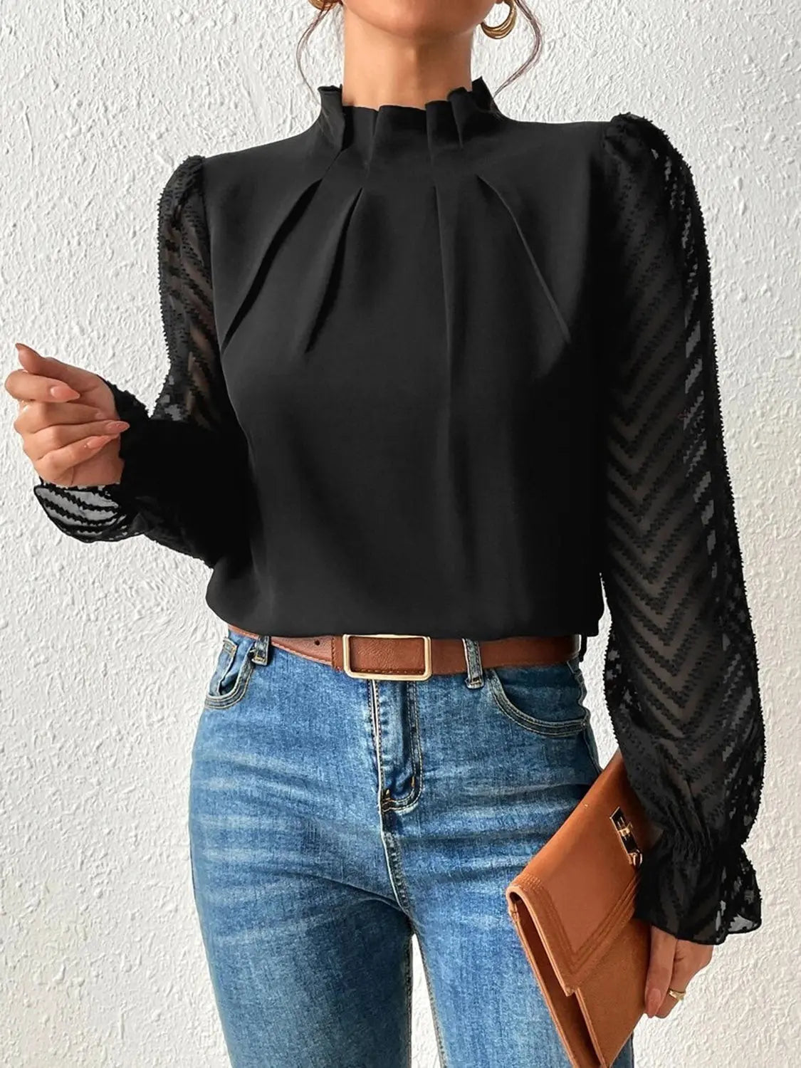 Mock Neck Flounce Sleeve Blouse - GlossiChic Collection Black / S GlossiChic Collection Shirts & Tops