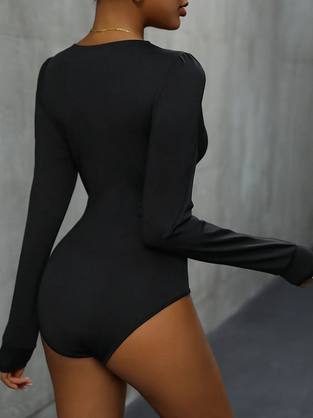 Lace Detail Plunge Long Sleeve Bodysuit - GlossiChic Collection Black / S GlossiChic Collection Bodysuits