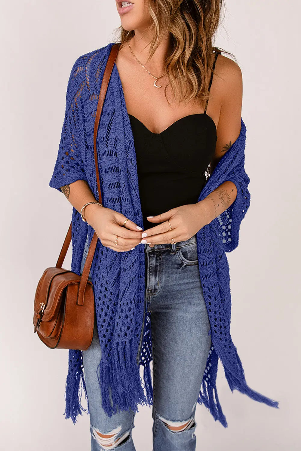 Openwork Open Front Cardigan with Fringes Trendsi