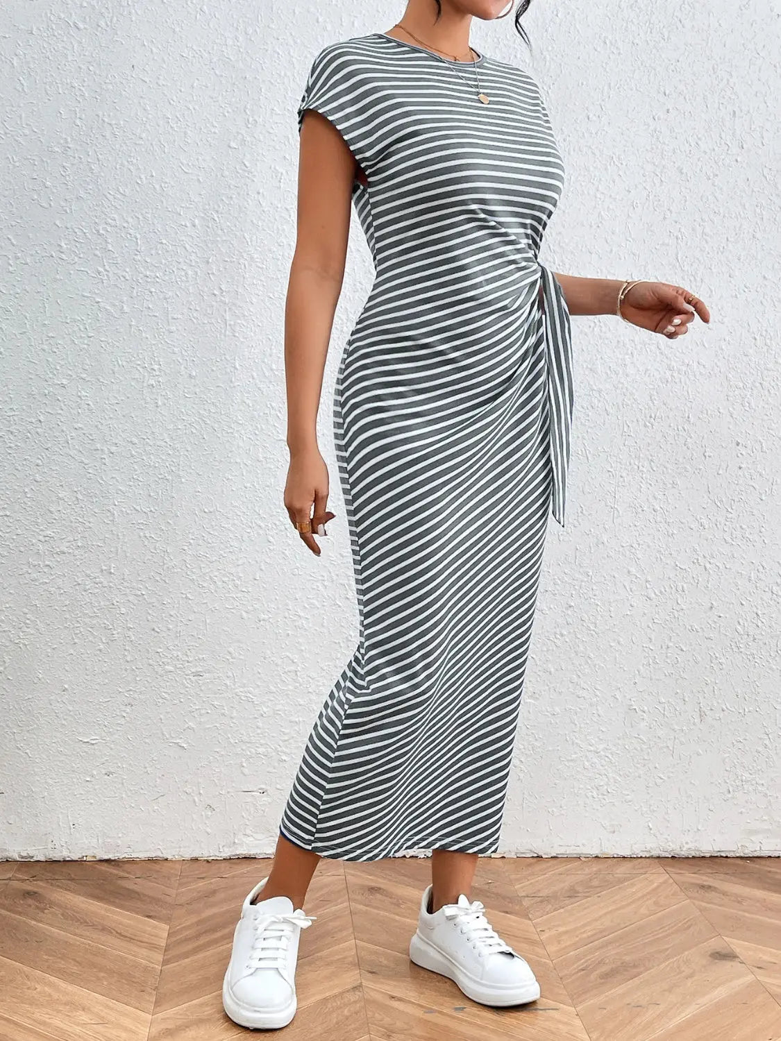 Tied Striped Round Neck Short Sleeve Tee Dress Trendsi