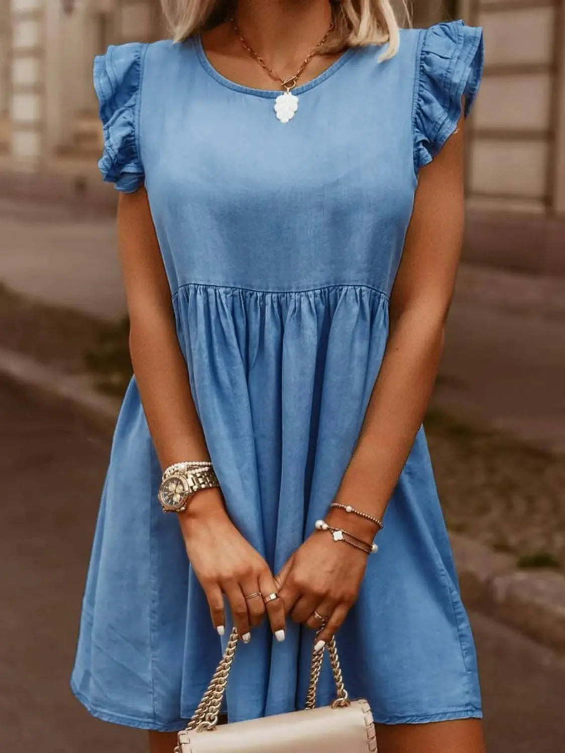 Full Size Ruffled Round Neck Cap Sleeve Denim Dress - GlossiChic Collection