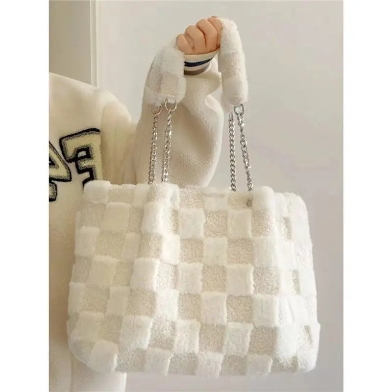 White Checkerboard Plush Tote Bag GlossiChic Collection