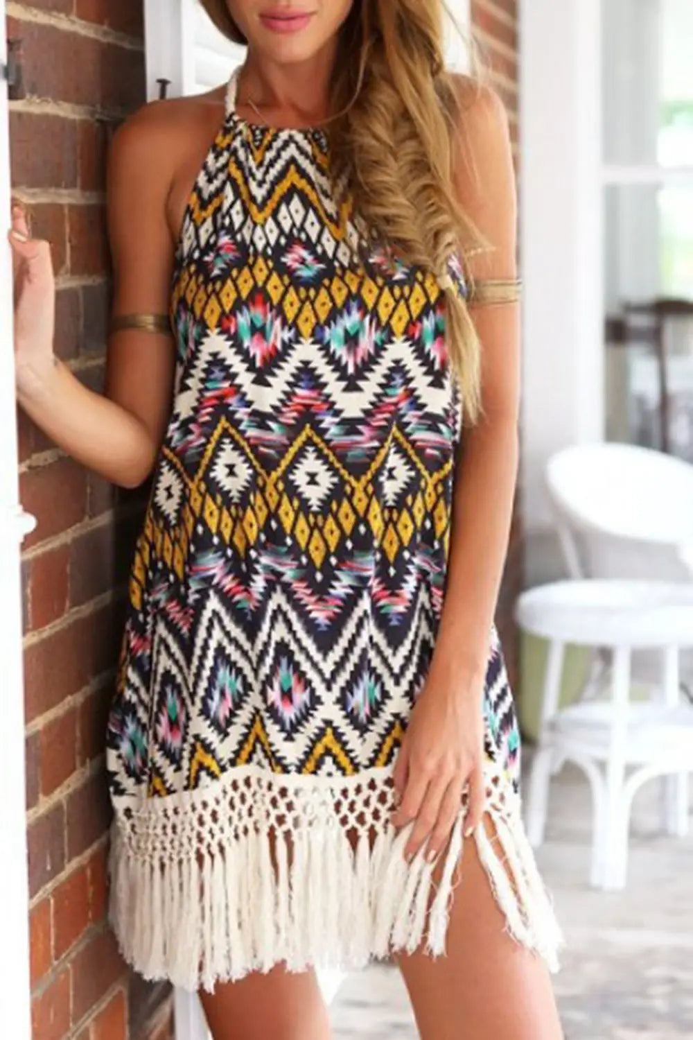 Full Size Tassel Printed Halter Neck Mini Dress - GlossiChic Collection