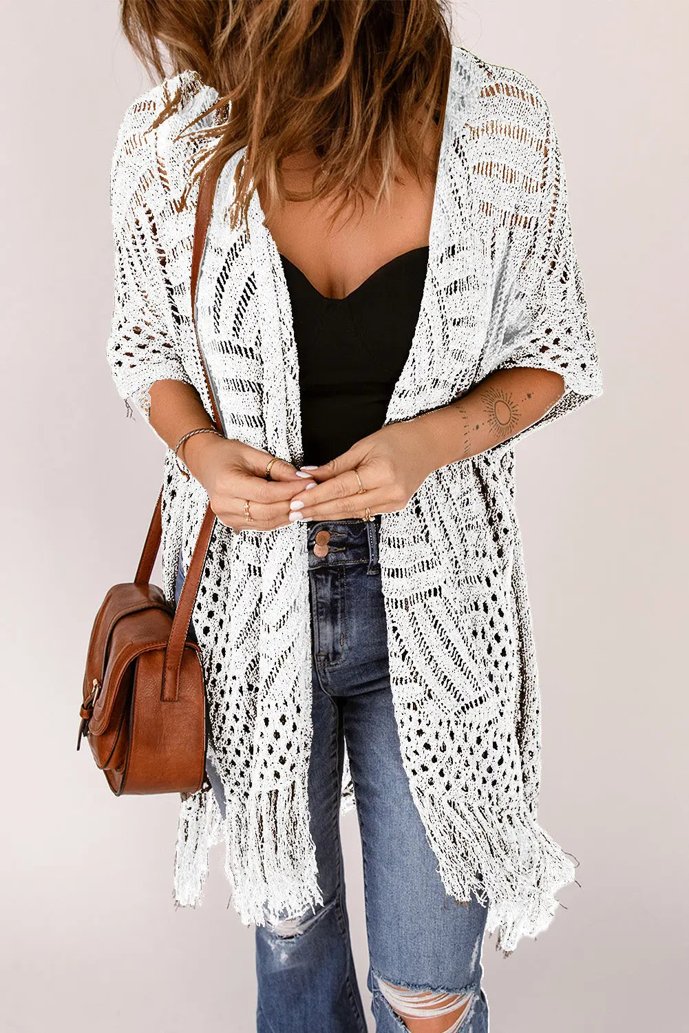 Openwork Open Front Cardigan with Fringes Trendsi