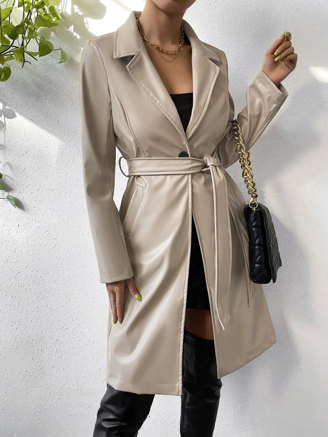 Tied PU Leather Long Sleeve Trench Coat GlossiChic Collection