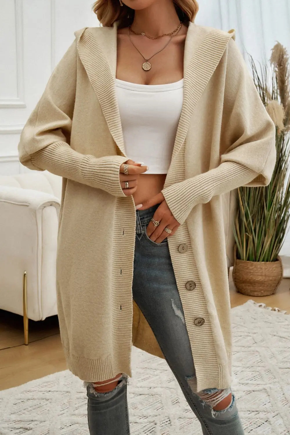 Devine Button Up Long Sleeve Hooded Cardigan Trendsi