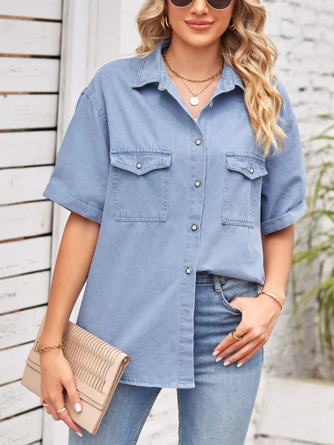 Collared Neck Short Sleeve Denim Jacket - GlossiChic Collection