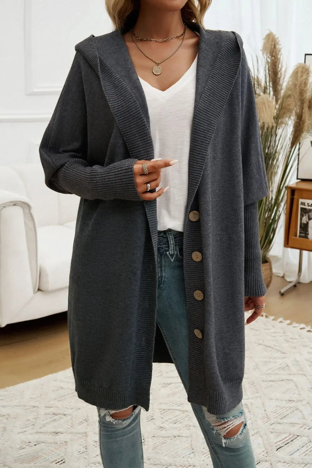 Devine Button Up Long Sleeve Hooded Cardigan Trendsi