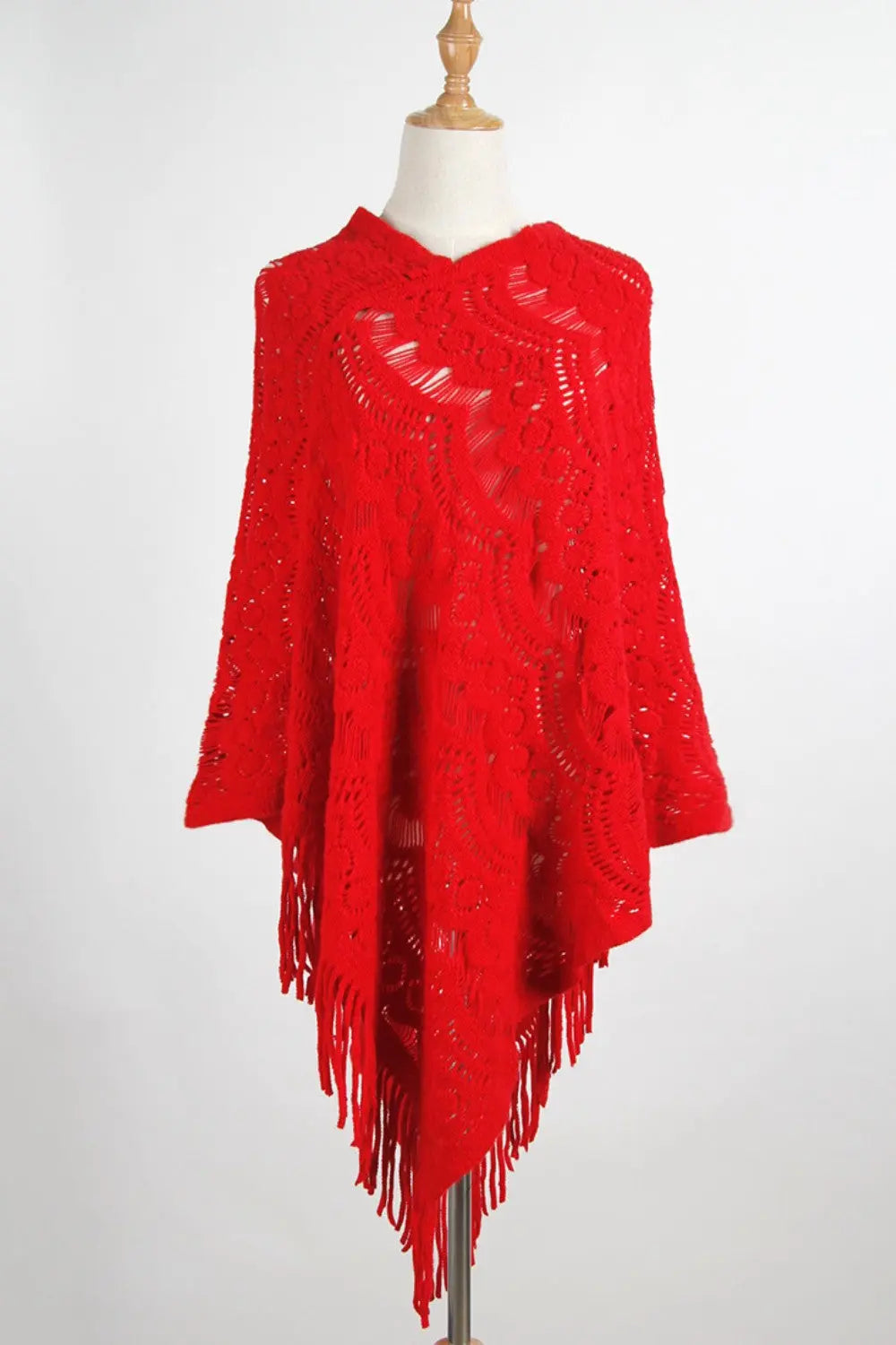 Fringe Openwork Surplice Cape Sleeve Poncho Trendsi