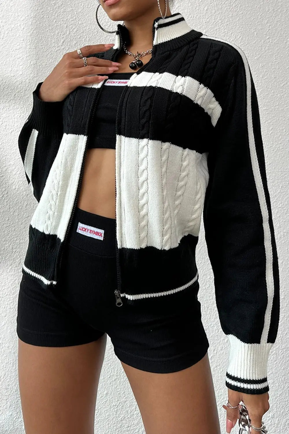 Cable-Knit Color Block Raglan Sleeve Cardigan Trendsi