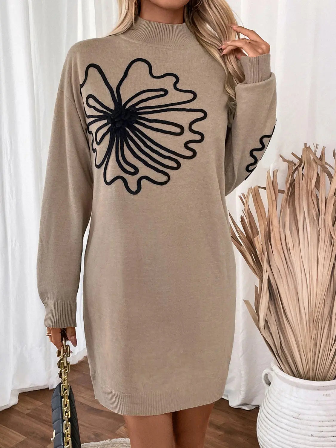 Perfee Flower Mock Neck Long Sleeve Sweater Dress Trendsi