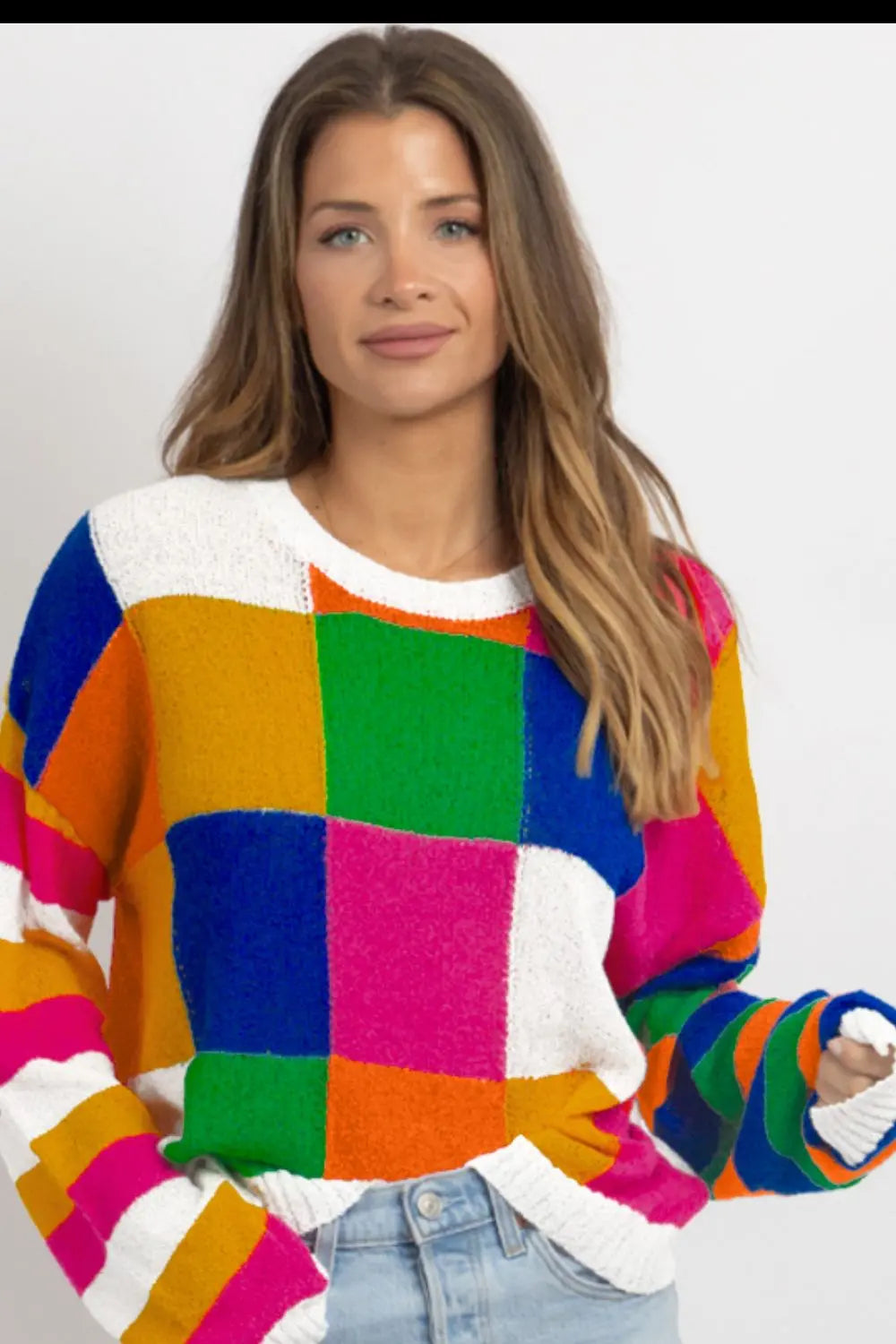 Color Block Round Neck Long Sleeve Sweater Trendsi