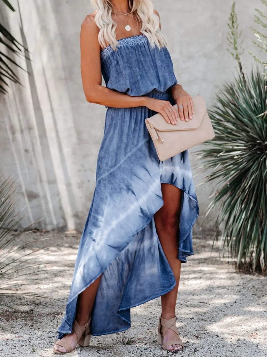 Smocked High-Low Tube Denim Dress Trendsi