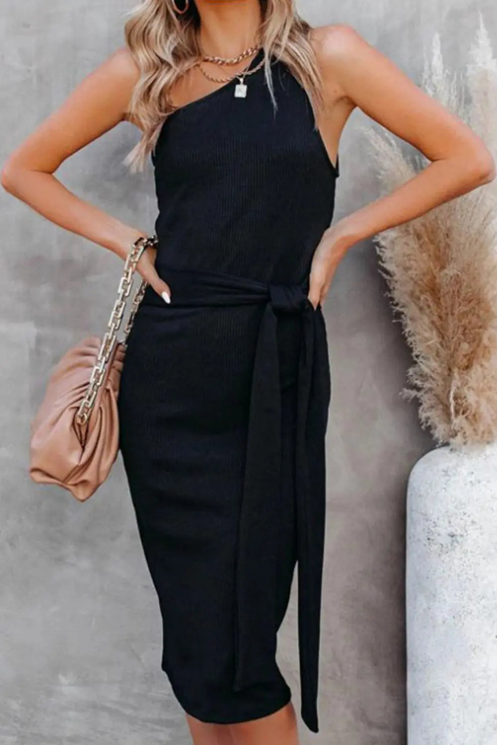 Tie Front One-Shoulder Sleeveless Dress Trendsi