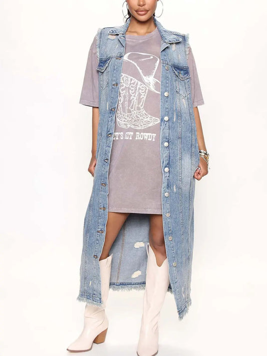 Sleeveless Longline Denim Jacket Trendsi