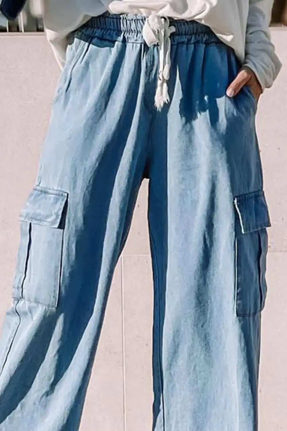 Drawstring Wide Leg Jeans with Pockets - GlossiChic Collection