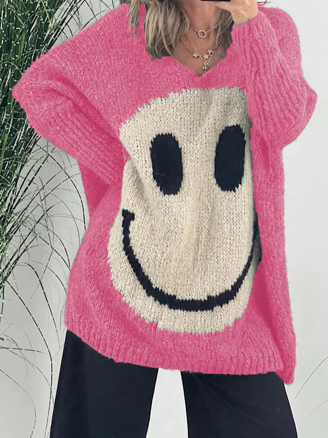 Smiling Face V-Neck Long Sleeve Sweater GlossiChic Collection