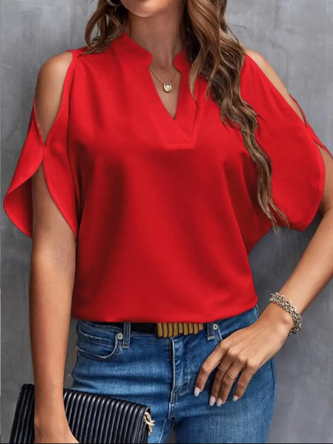 Notched Cold Shoulder Half Sleeve Blouse - GlossiChic Collection Deep Red / S GlossiChic Collection Shirts & Tops