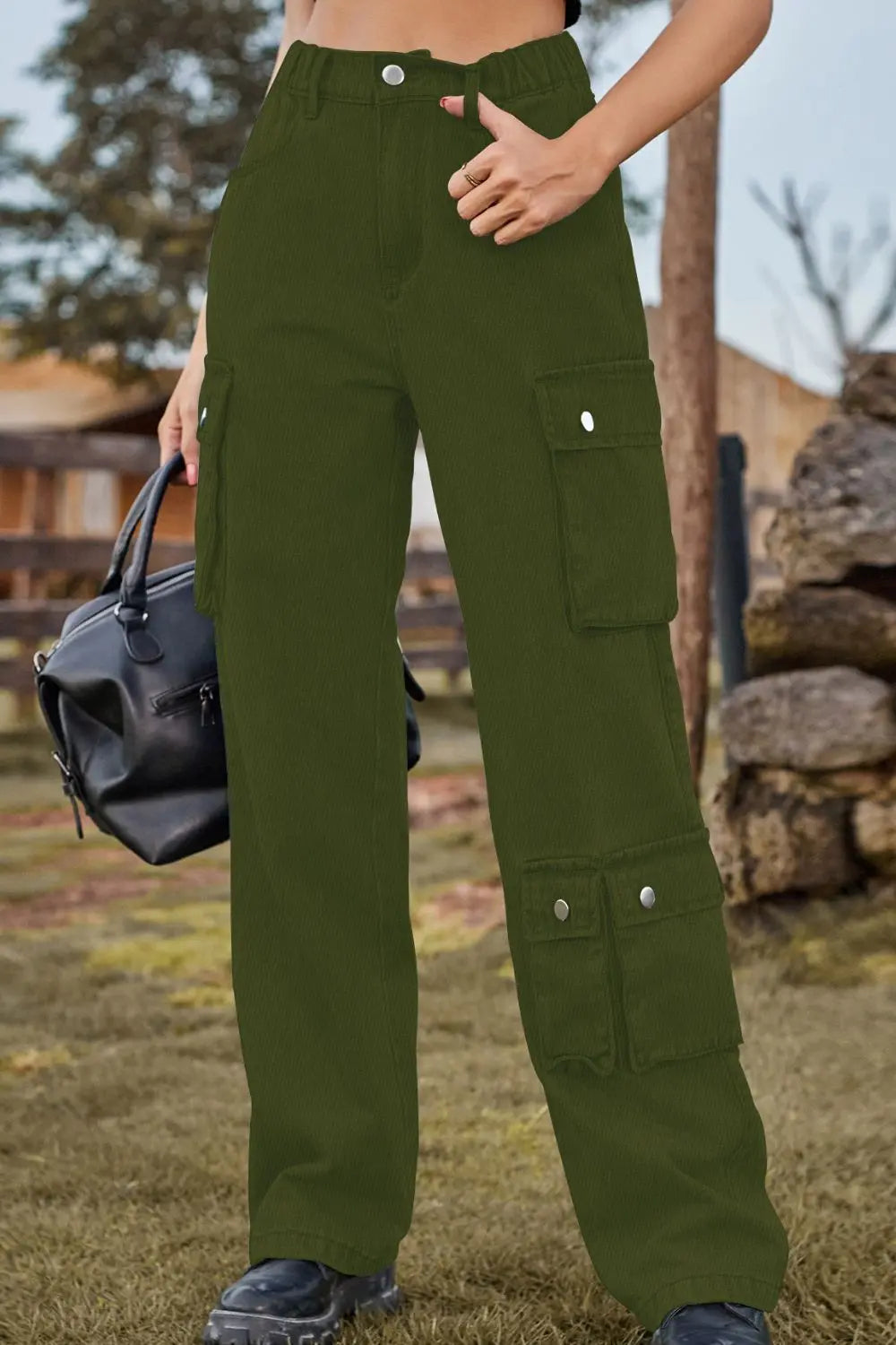 Loose Fit Long Jeans with Pockets - GlossiChic Collection Army Green / S GlossiChic Collection Jeans, Pants, & Shorts