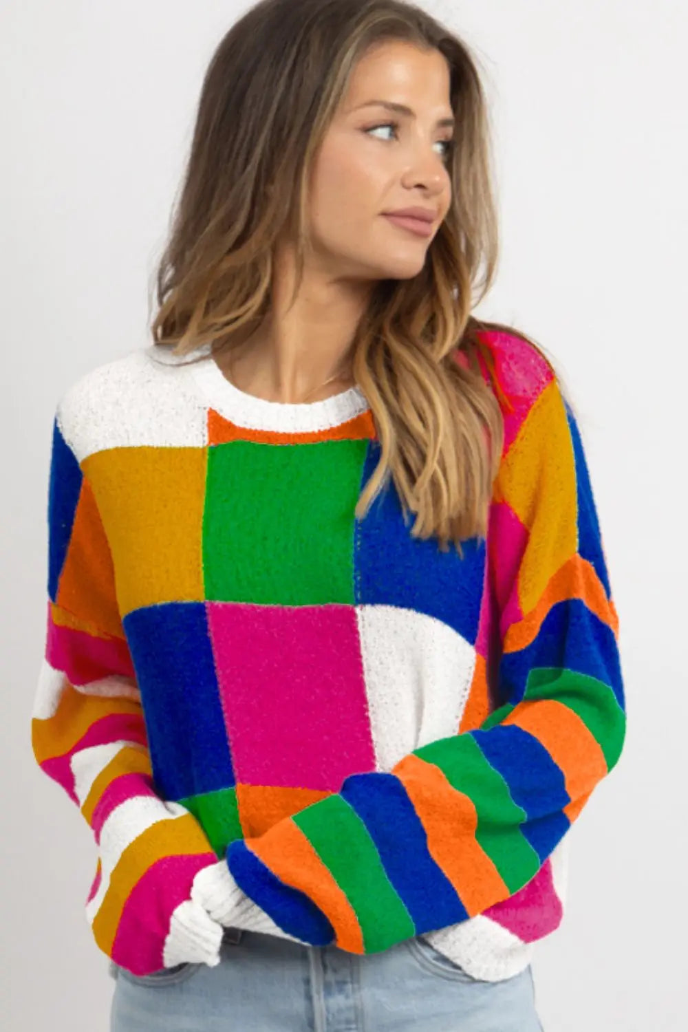 Color Block Round Neck Long Sleeve Sweater Trendsi