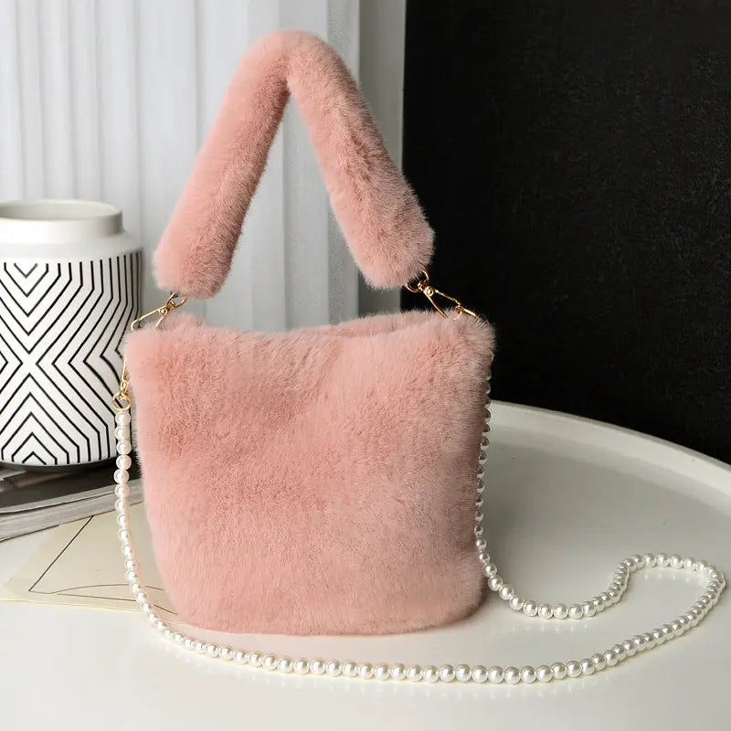 Checkerboard Plush Bucket With Pearl Chain Handbag - GlossiChic Collection