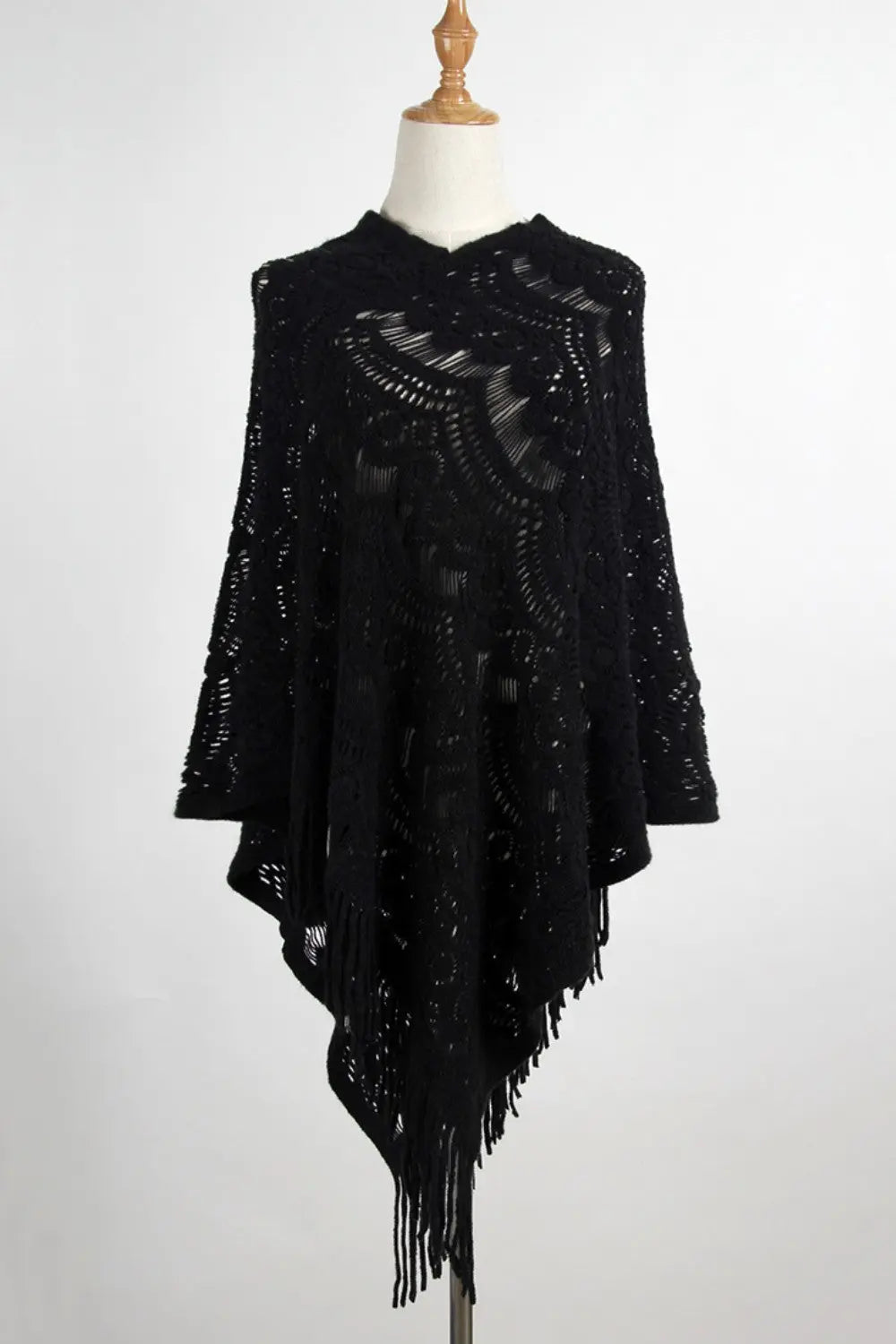 Fringe Openwork Surplice Cape Sleeve Poncho Trendsi