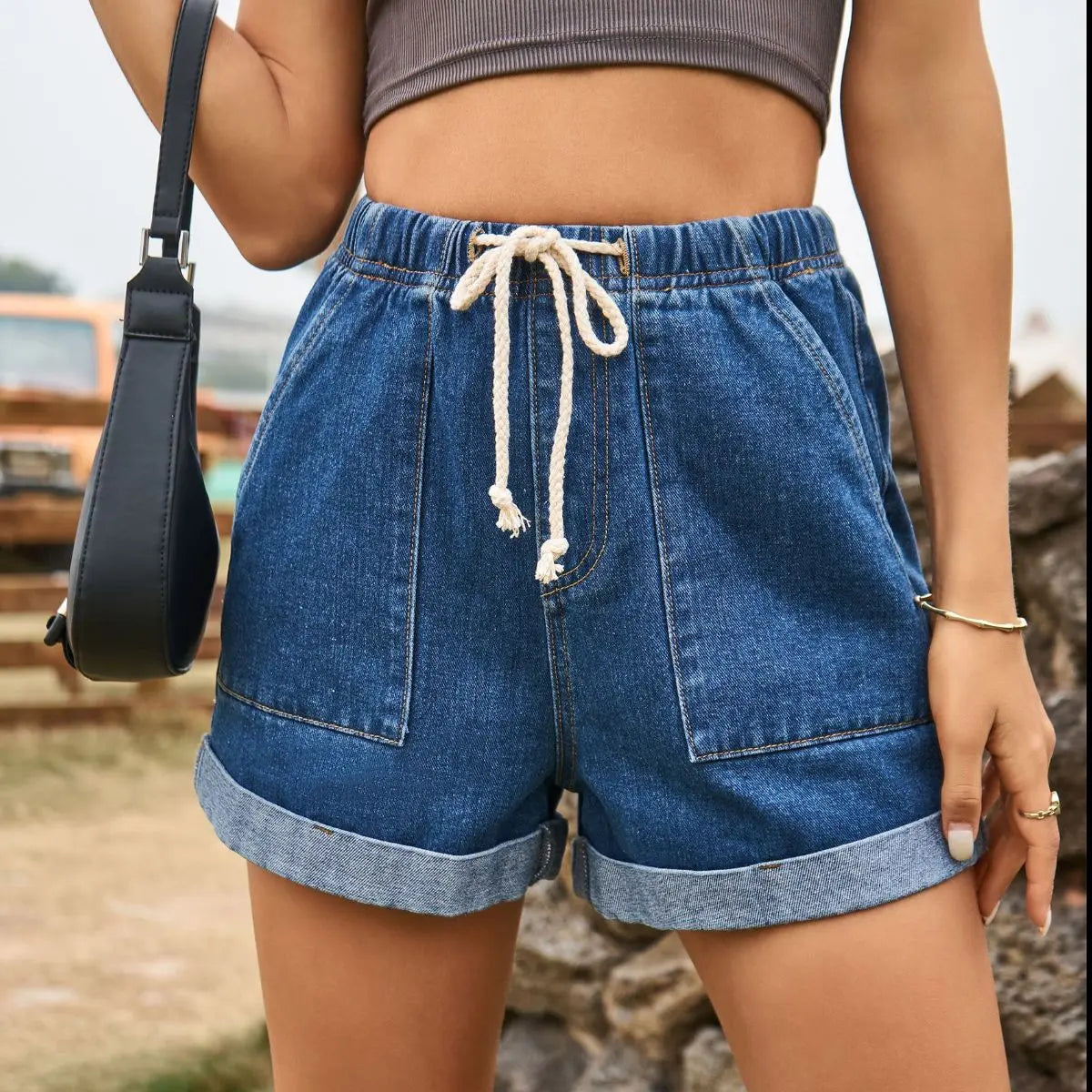 Drawstring High Waist Denim Shorts with Pockets - GlossiChic Collection