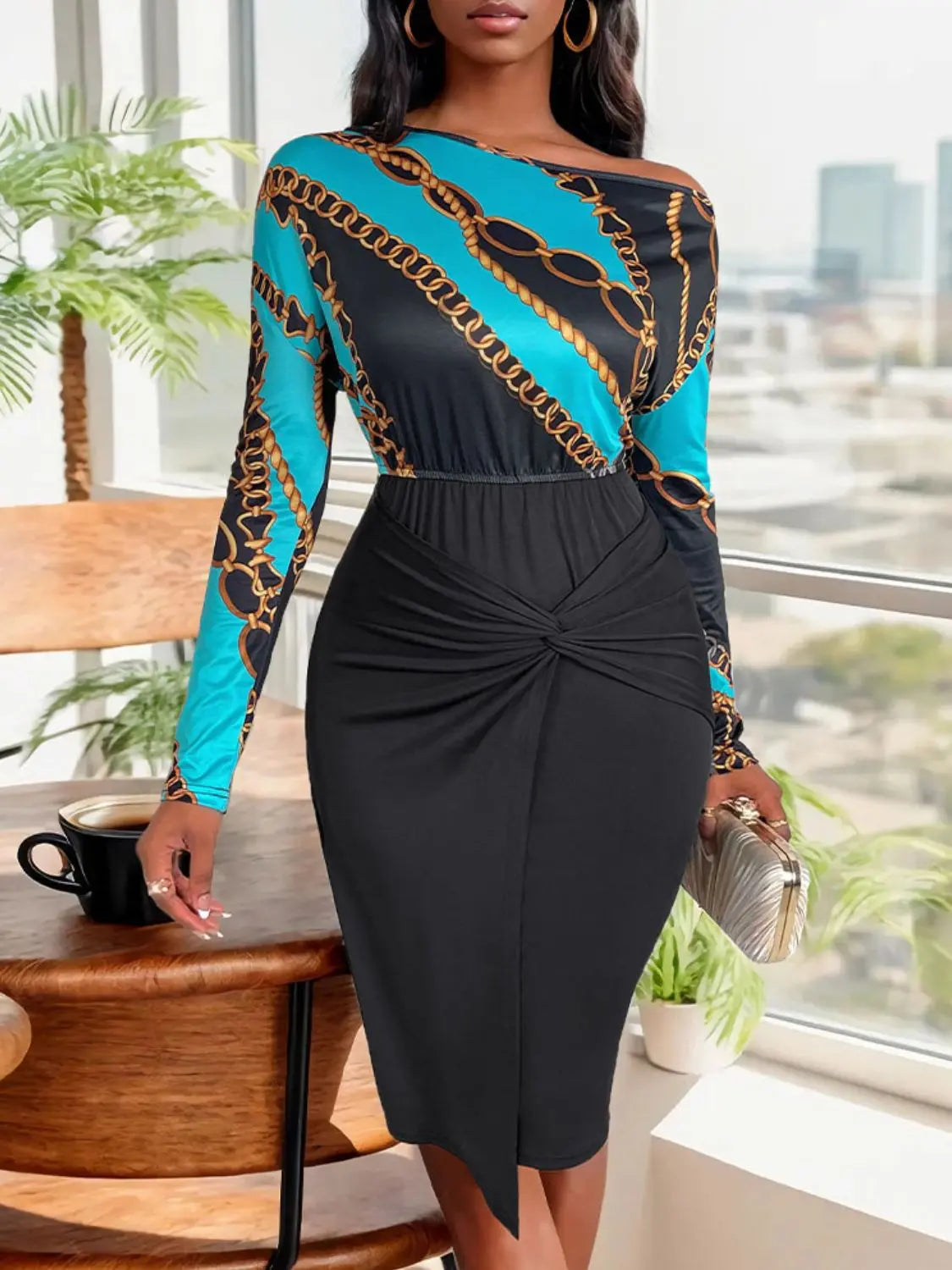 Perfee Twisted Printed Long Sleeve Dress Trendsi