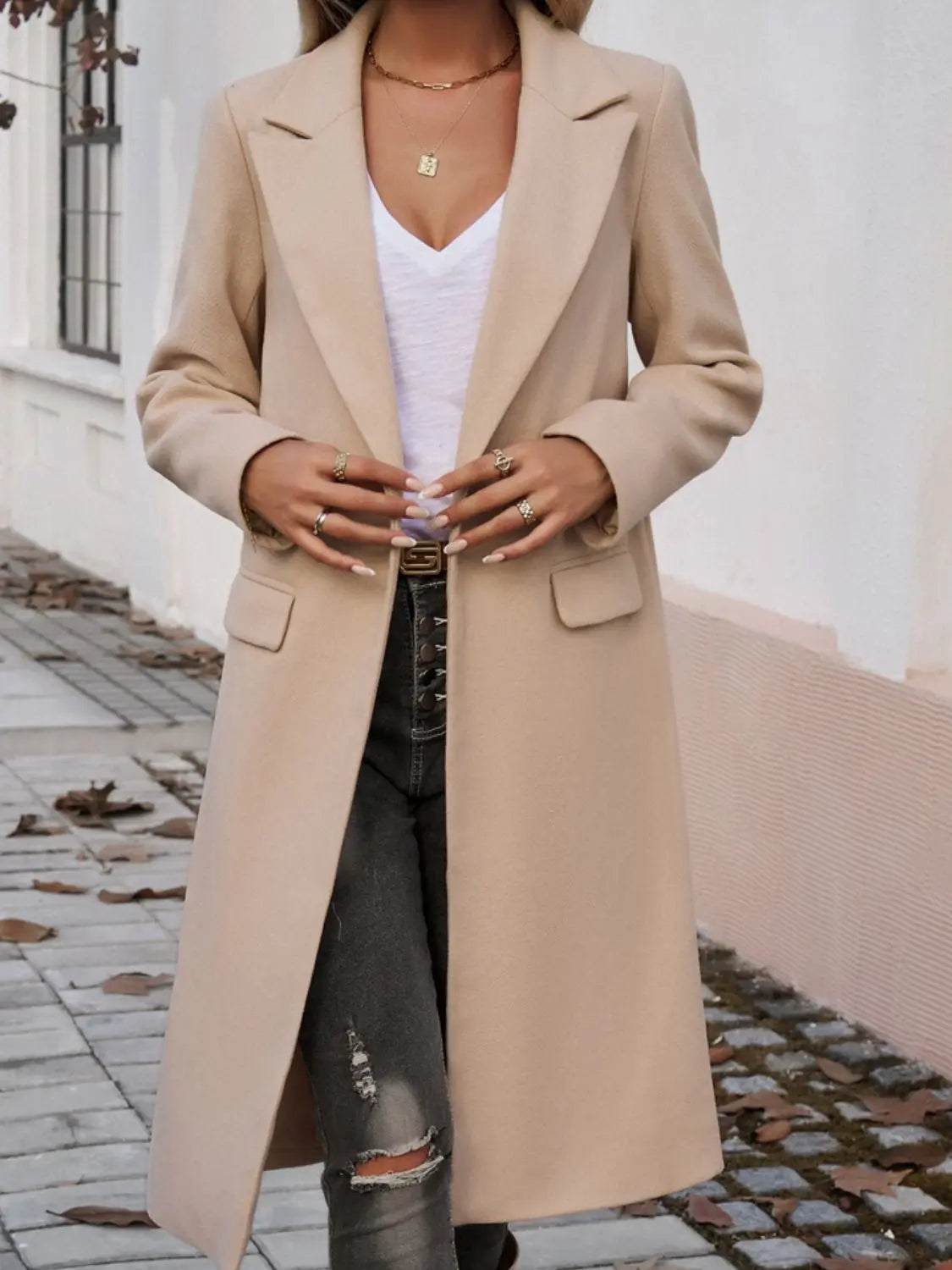 Devine Pocketed Collared Neck Long Sleeve Coat Trendsi