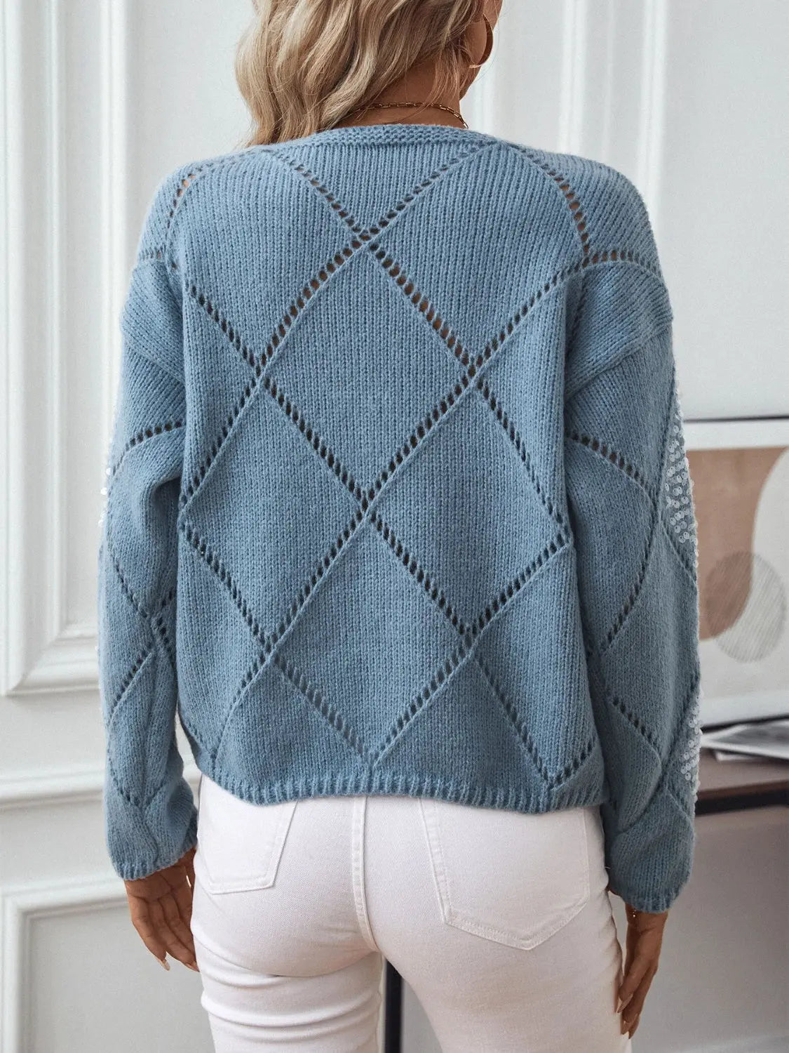 Openwork Round Neck Long Sleeve Knit Top Trendsi