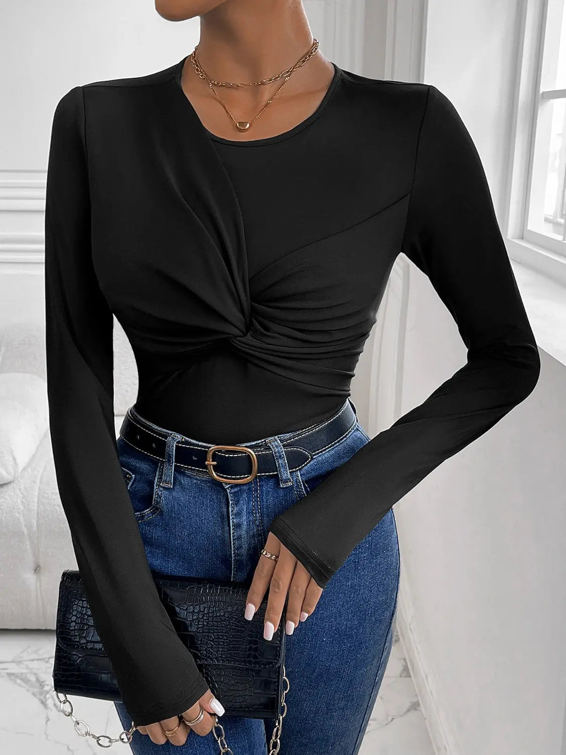 Perfee Twisted Round Neck Long Sleeve Bodysuit Trendsi