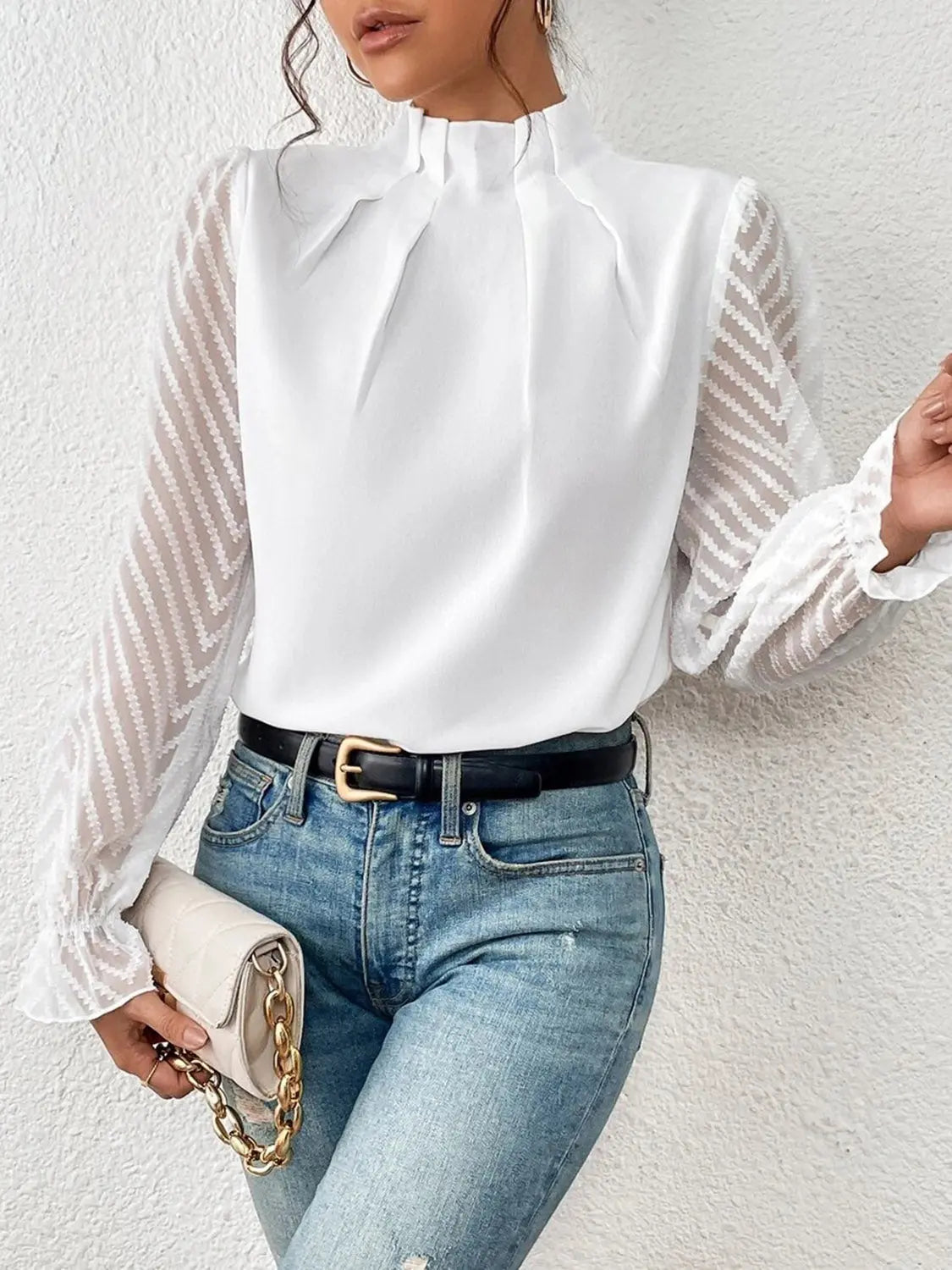 Mock Neck Flounce Sleeve Blouse - GlossiChic Collection Navy / S GlossiChic Collection Shirts & Tops