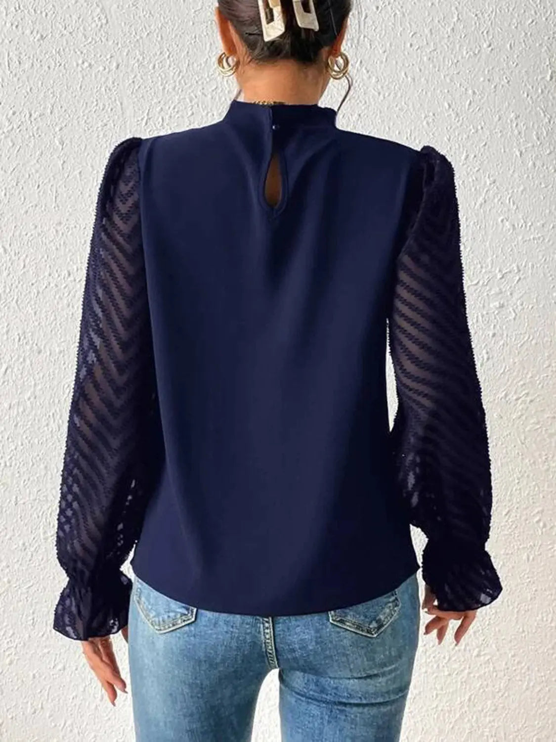 Mock Neck Flounce Sleeve Blouse - GlossiChic Collection Navy / S GlossiChic Collection Shirts & Tops