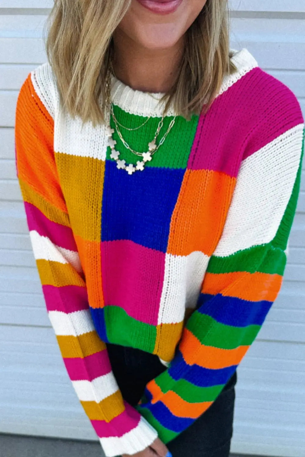 Color Block Round Neck Long Sleeve Sweater Trendsi