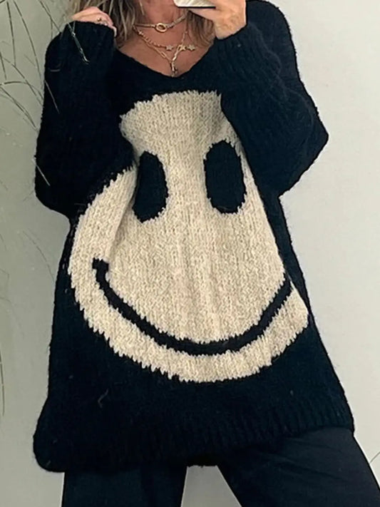 Smiling Face V-Neck Long Sleeve Sweater GlossiChic Collection