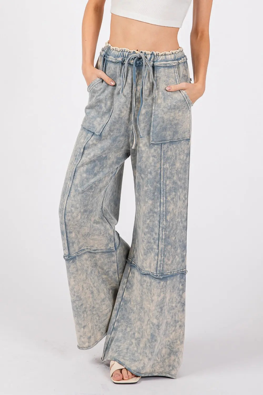 SAGE + FIG Mineral Washed Terry Wide Leg Pants Trendsi