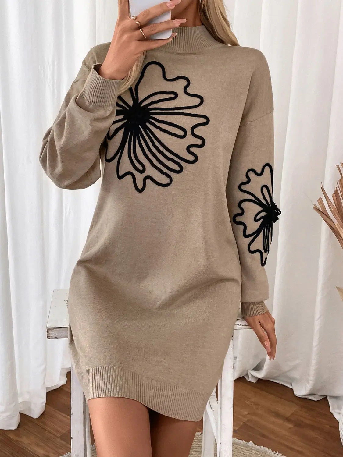 Perfee Flower Mock Neck Long Sleeve Sweater Dress Trendsi