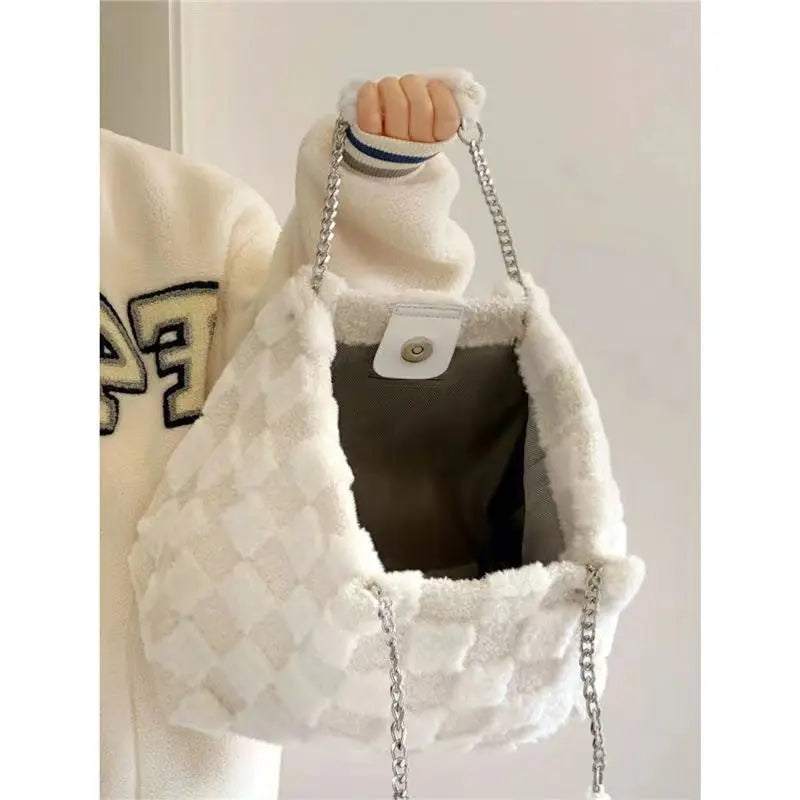 White Checkerboard Plush Tote Bag GlossiChic Collection