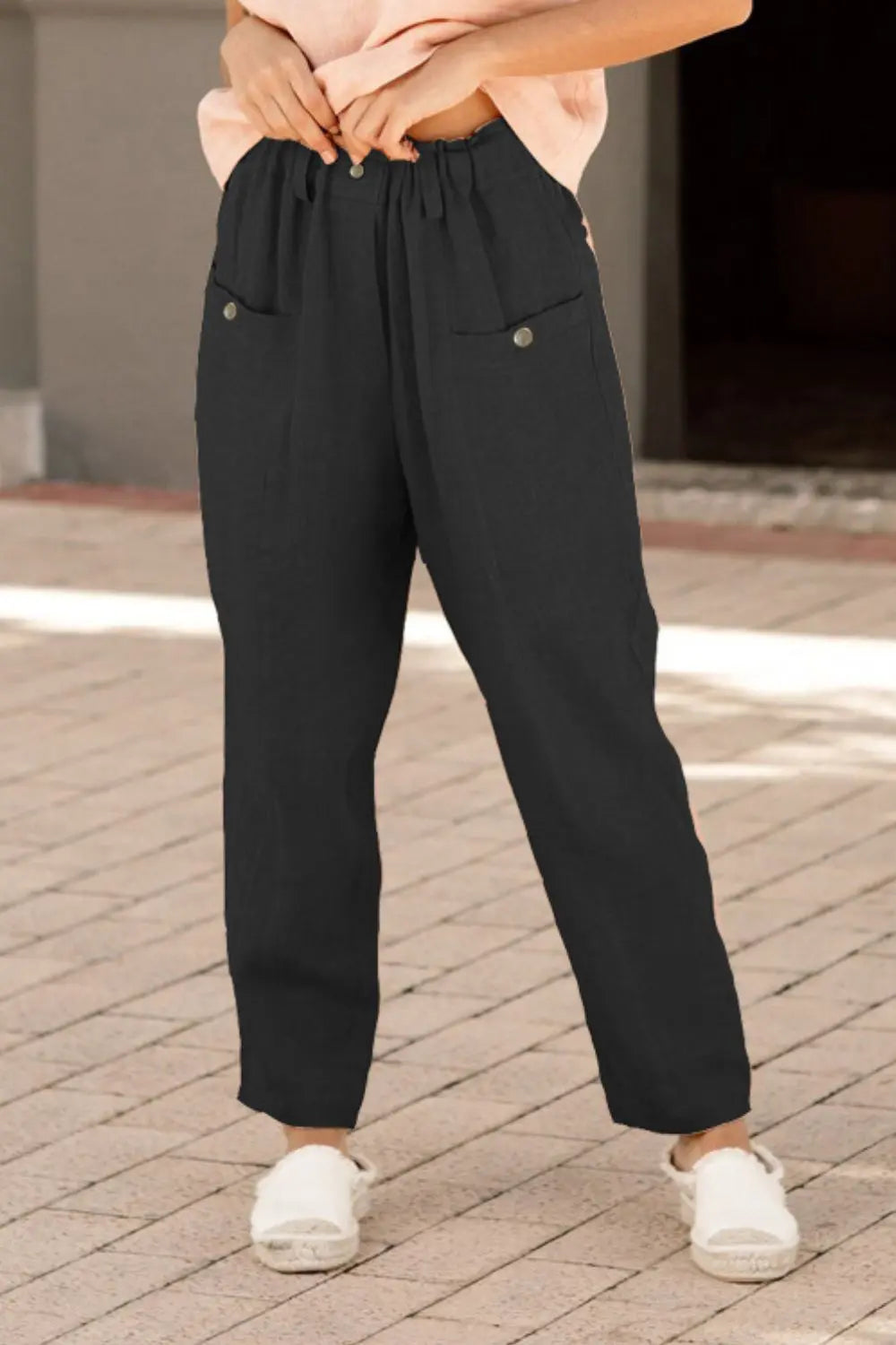 Button Detail Elastic Waist Pocket Pants - GlossiChic Collection Black / S GlossiChic Collection Jeans, Pants, & Shorts