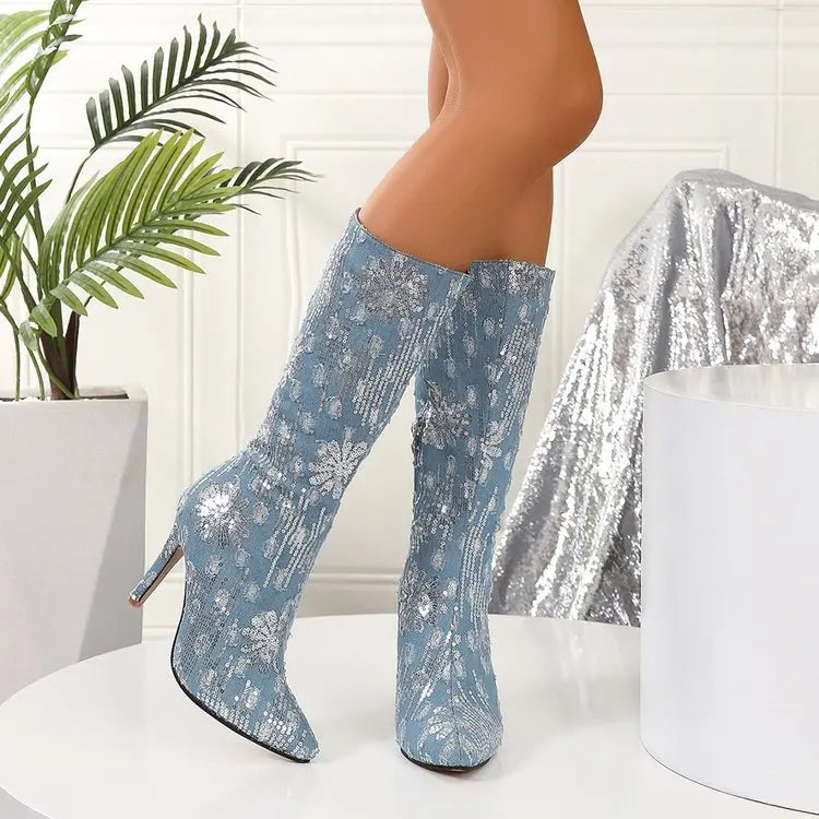 Sequins Flower Denim Pointed-Toe Stiletto Boots GlossiChic Collection