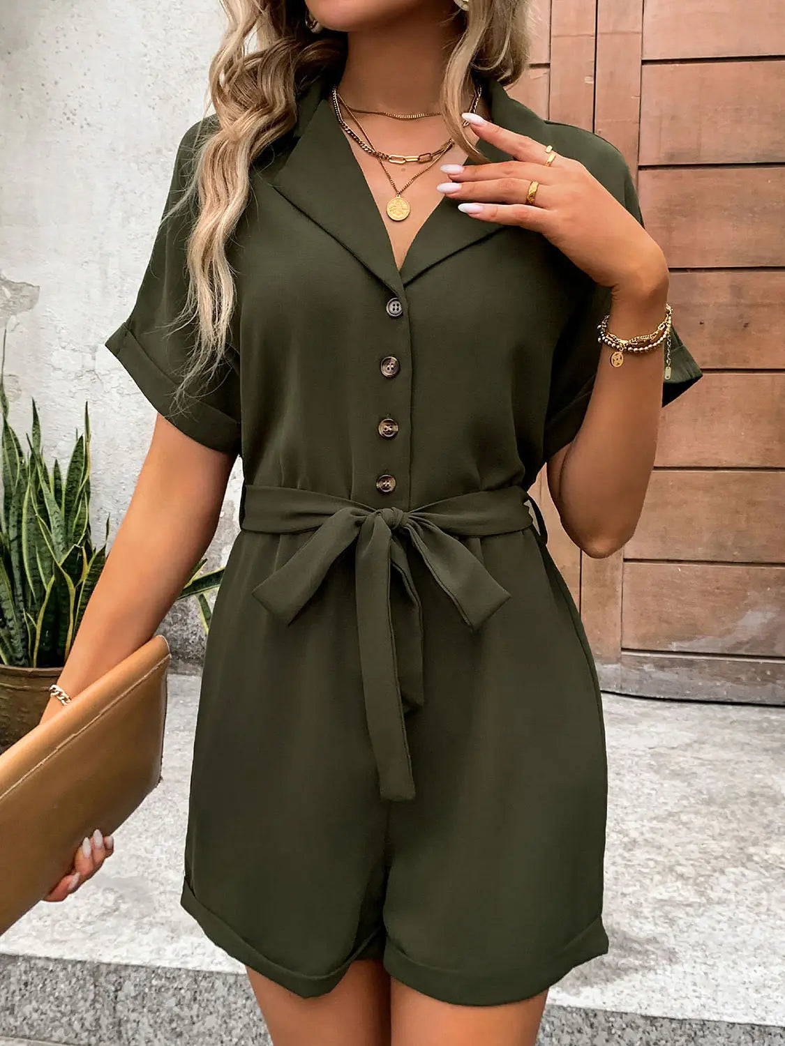 Half Button Tie Waist Short Sleeve Romper Trendsi