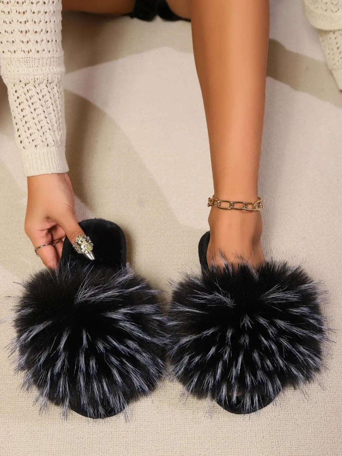 Fuzzy Open Toe Flat Sandals Trendsi