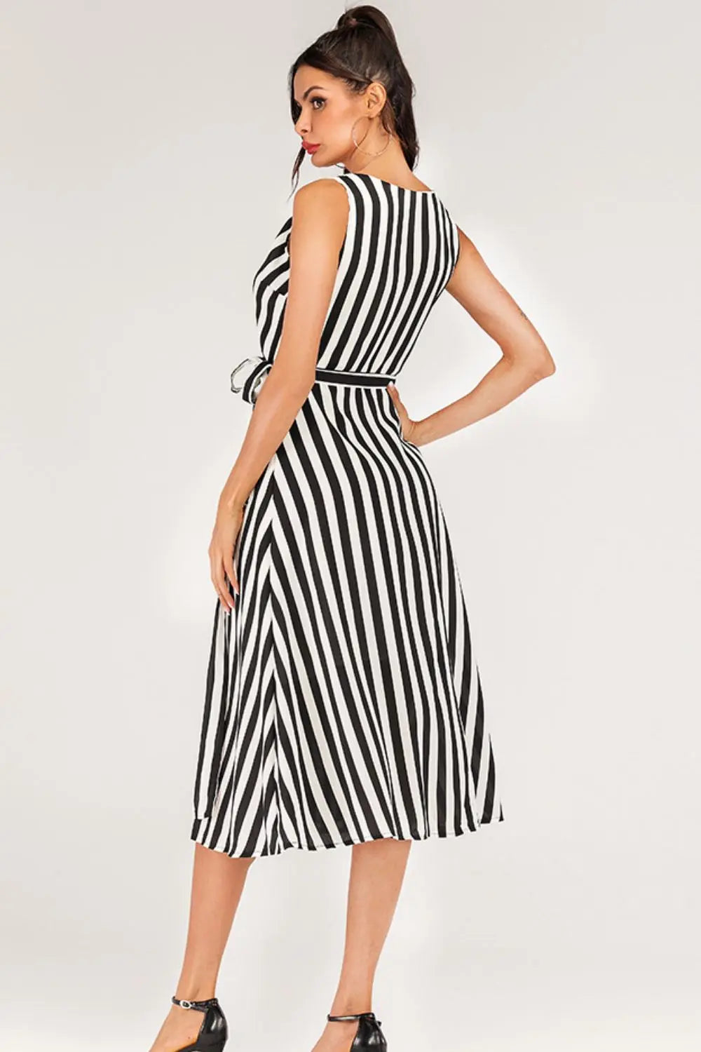 Striped Surplice Tied Sleeveless Dress Trendsi